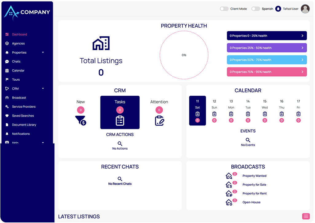 A real estate CRM platform for agencies, centralizing listings, client interactions, and workflows with analytics, chat, and calendar integration.